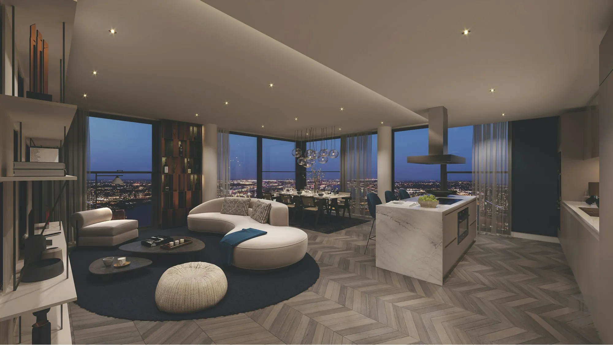 A penthouse living room at dusk