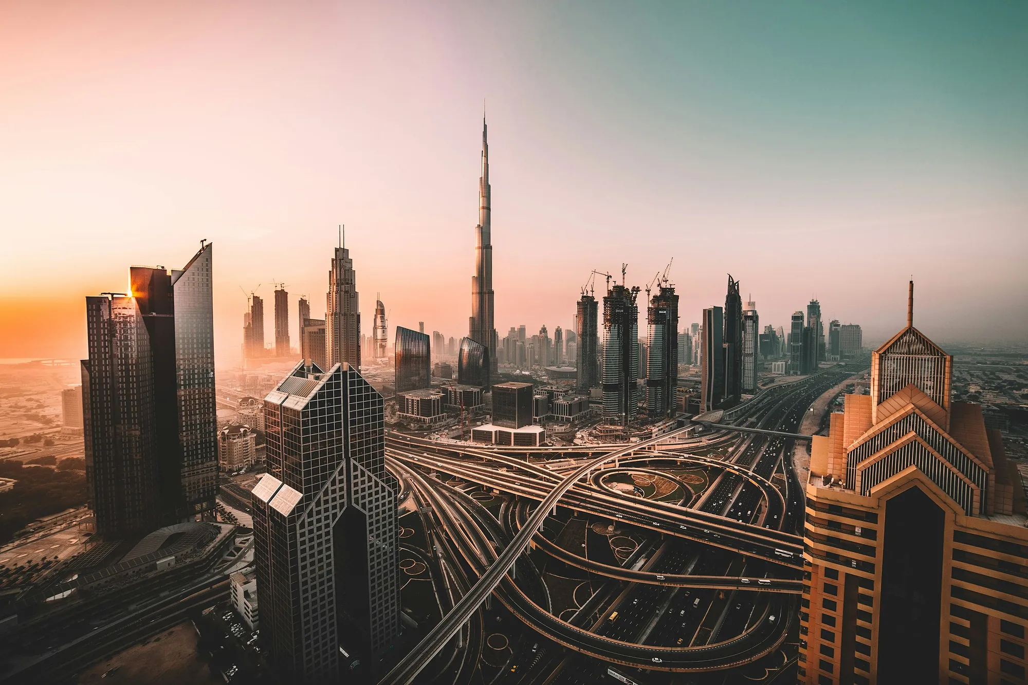 Sheikh Zayed Road and the Burj Khalifa at sunset