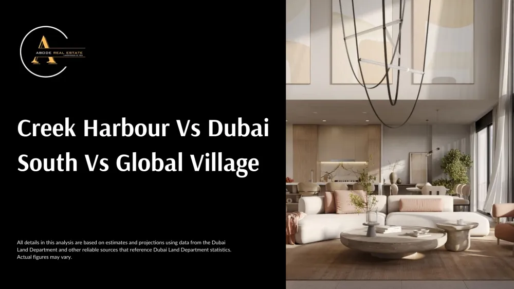 Abode Real Estate Brochure Creek Harbour vs. Dubai South vs. Global Village